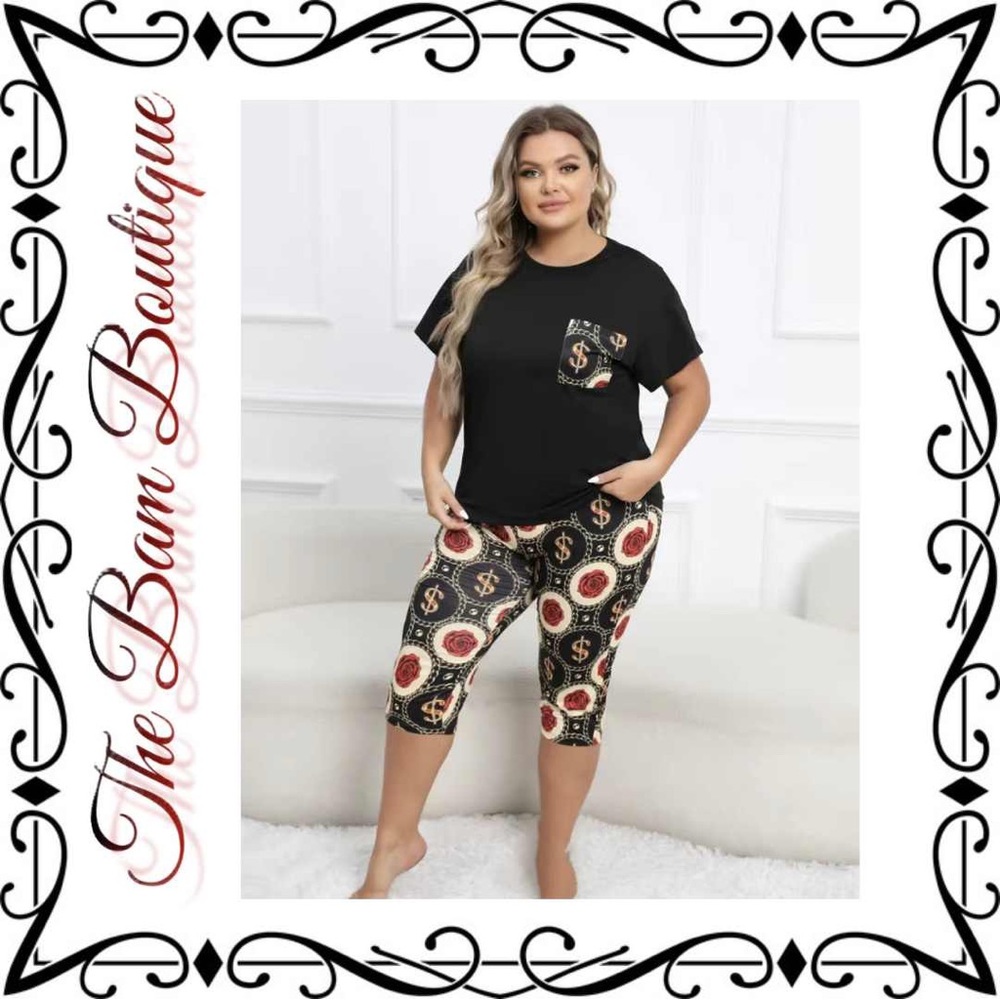Plus Size Rose & Dollar Print Loungewear Set